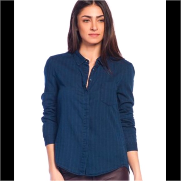 Zara Indigo Stripe Denim Long Sleeve Button Up XS - Picture 3 of 6